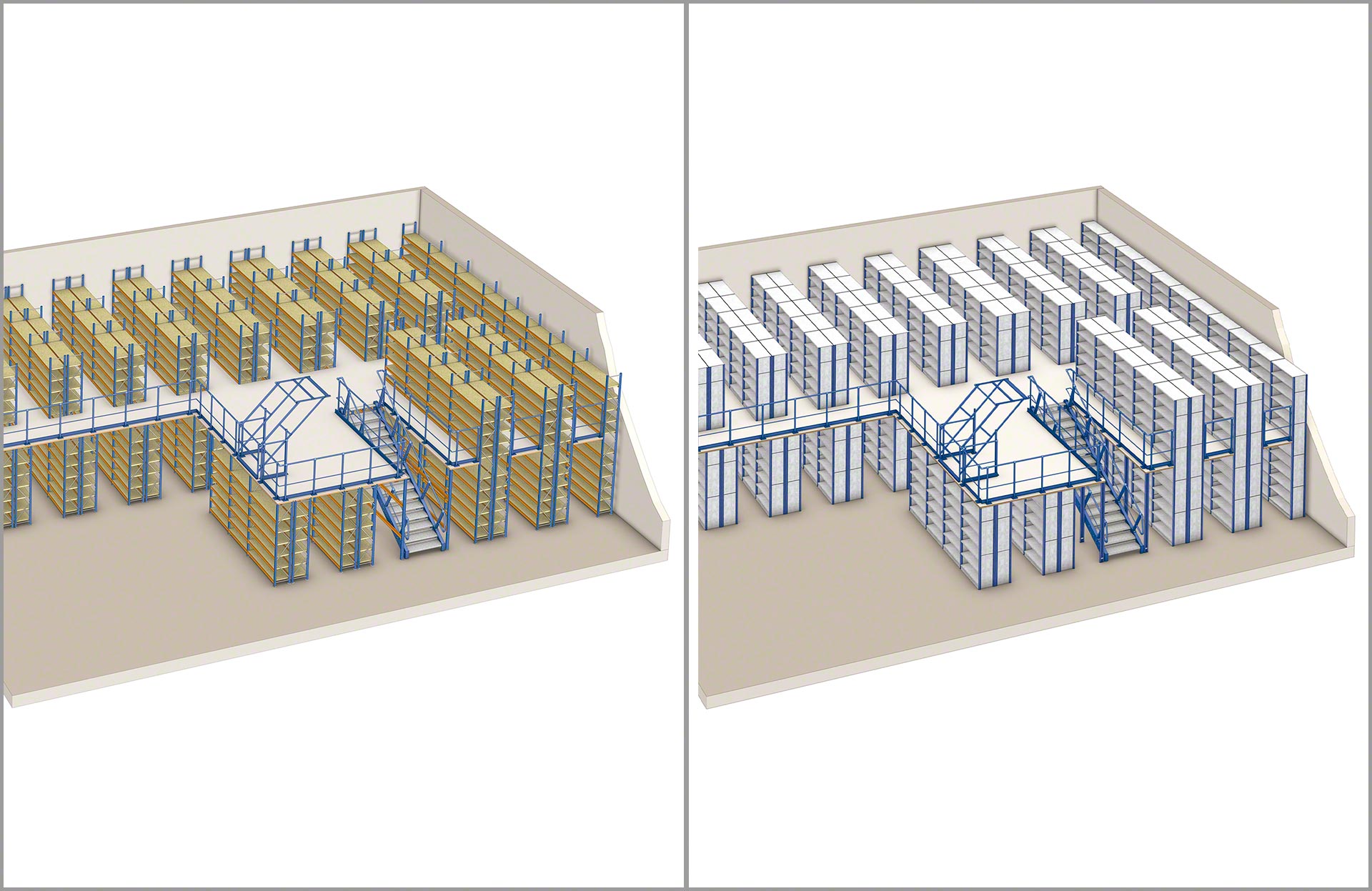 Los pasillos elevados se pueden configurar con distintos tipos de estanterías para picking de Mecalux